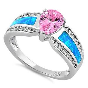 Sterling Silver Blue Australian Opal & Pink Ring